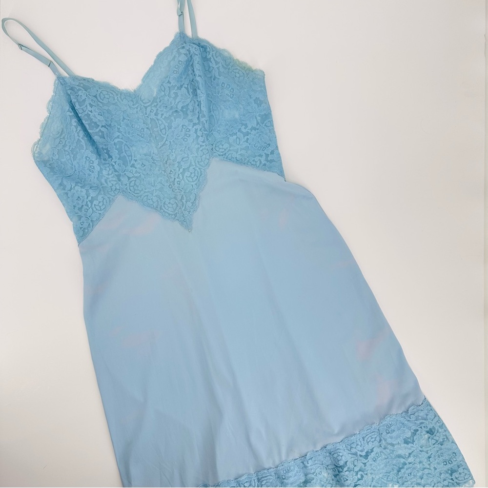 Vintage Full Slip Dress Blue Womens Size 34 Lace Nylon Boudoir Flirty Sexy - Picture 6 of 14